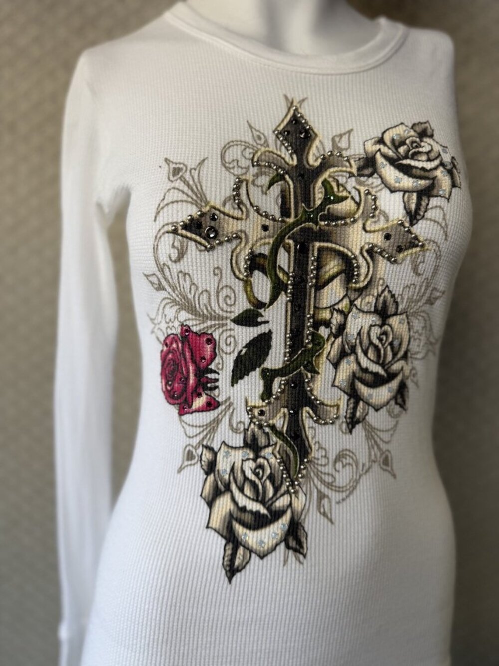 Bejeweled Cross and Roses Gothic Thermal Knit Long Sleeve Top Womens Size L
